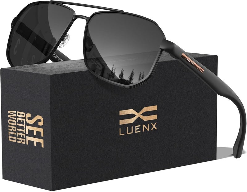 LUENX Aviator Sunglasses for Men Square Polarized Polygon Shades UV400 Sun Glasses with Accessories - Image 1